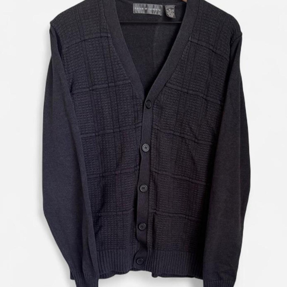 Oscar de la Renta Black Textured Grid Cardigan - Size XL